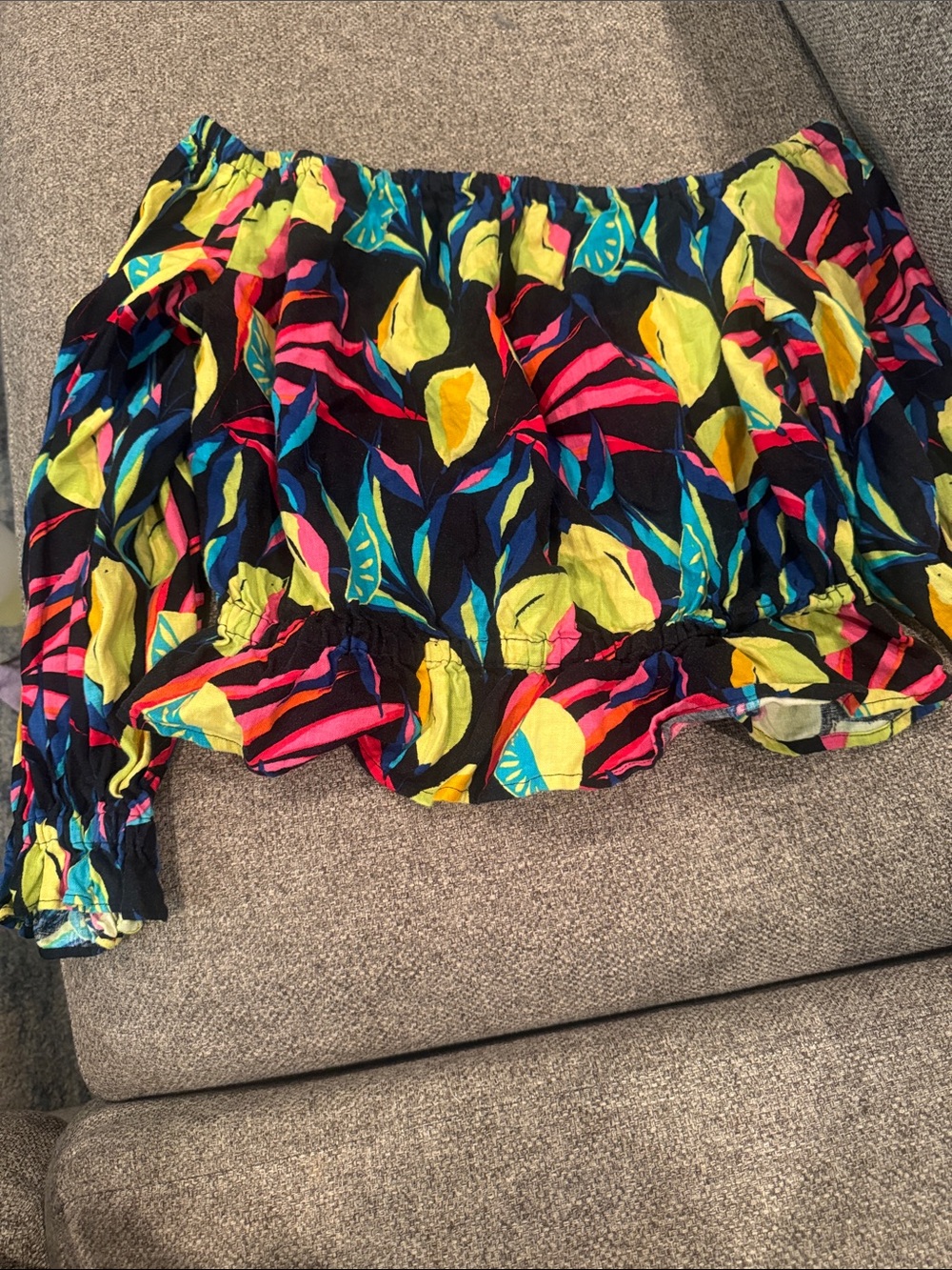 Off-Shoulder Crop Top in Black with Neon Tropical Print